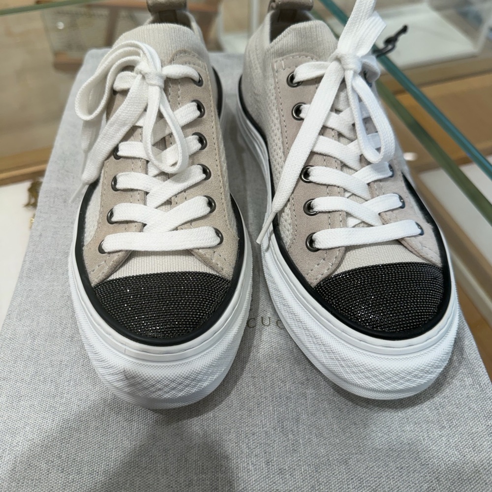 Brunello Cucinelli Beige and Black Canvas Sneakers